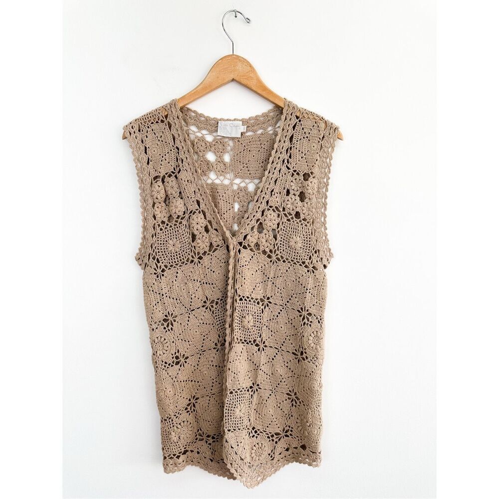 Pierre Cardin Women’s Tan Crochet Button Front Sleeveless Cardigan